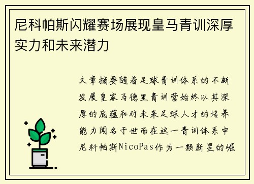 尼科帕斯闪耀赛场展现皇马青训深厚实力和未来潜力