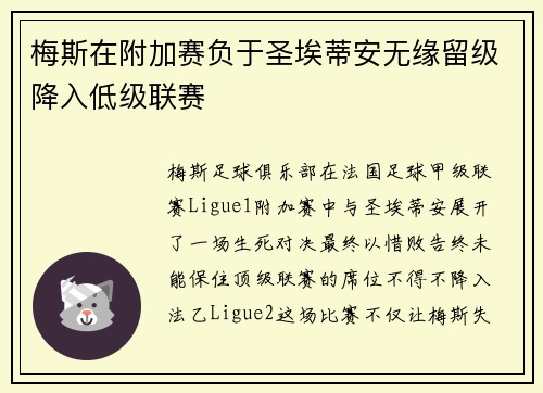 梅斯在附加赛负于圣埃蒂安无缘留级降入低级联赛